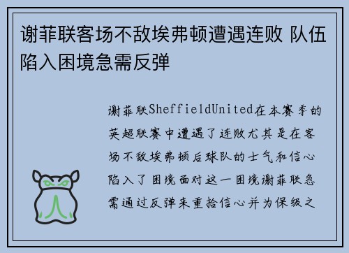 谢菲联客场不敌埃弗顿遭遇连败 队伍陷入困境急需反弹