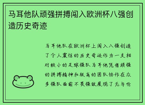 马耳他队顽强拼搏闯入欧洲杯八强创造历史奇迹