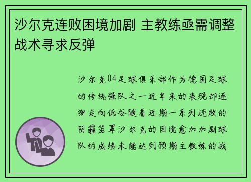 沙尔克连败困境加剧 主教练亟需调整战术寻求反弹 沙尔克连败困境加剧 主教练亟需调整战术寻求反弹